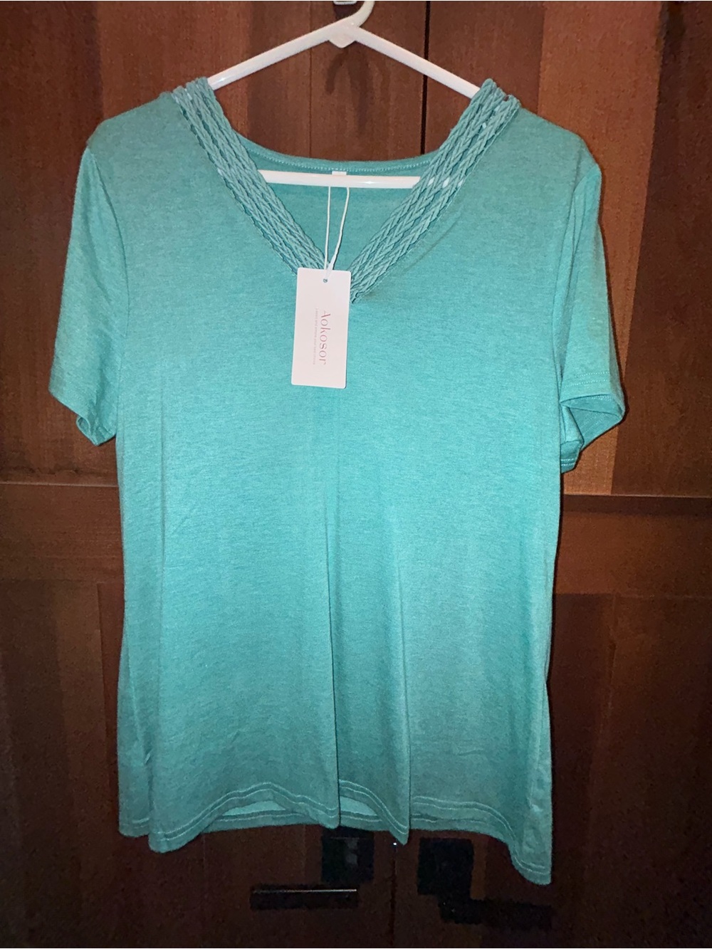 Womens Teal Braided V-Neck Short Sleeve Top large NWT